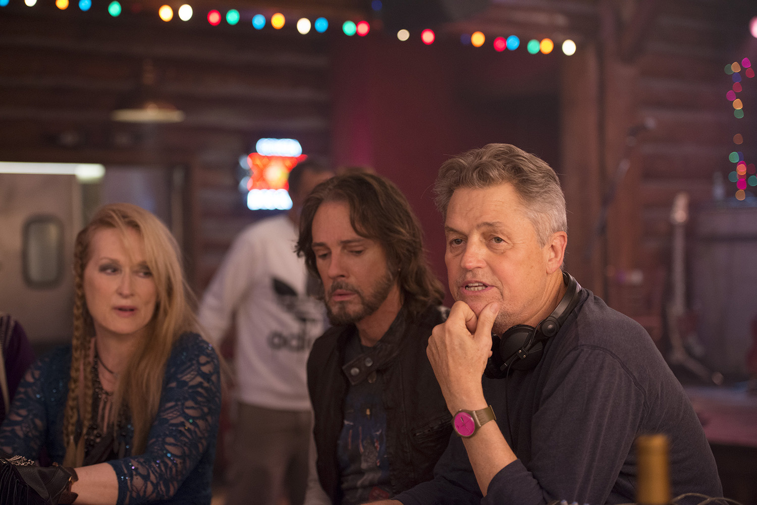 Meryl Streep, Rick Springfield and Director Jonathan Demme on the set of TriStar Pictures' RICKI AND THE FLASH.