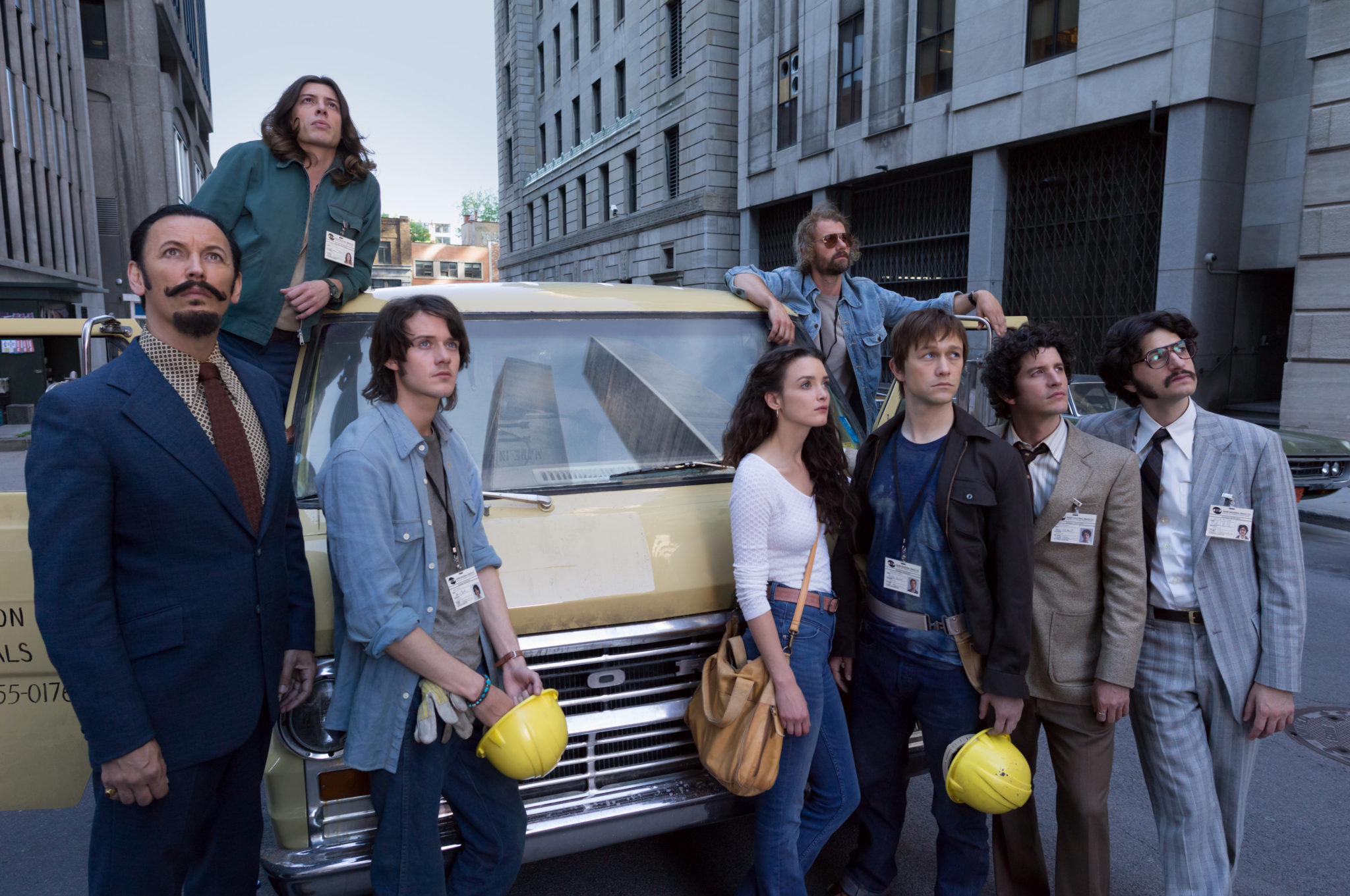 (L to R) Barry Greenhouse (Steve Valentine), David (Benedict Samuel), Jeff (Cesar Domboy), Annie (Charlotte Le Bon), Jean Pierre (James Badge Dale), Philippe Petit (Joseph Gordon-Levitt), Jean Louis (Clement Sibony) and Albert (Ben Schwartz) in TriStar Pictures' THE WALK.
