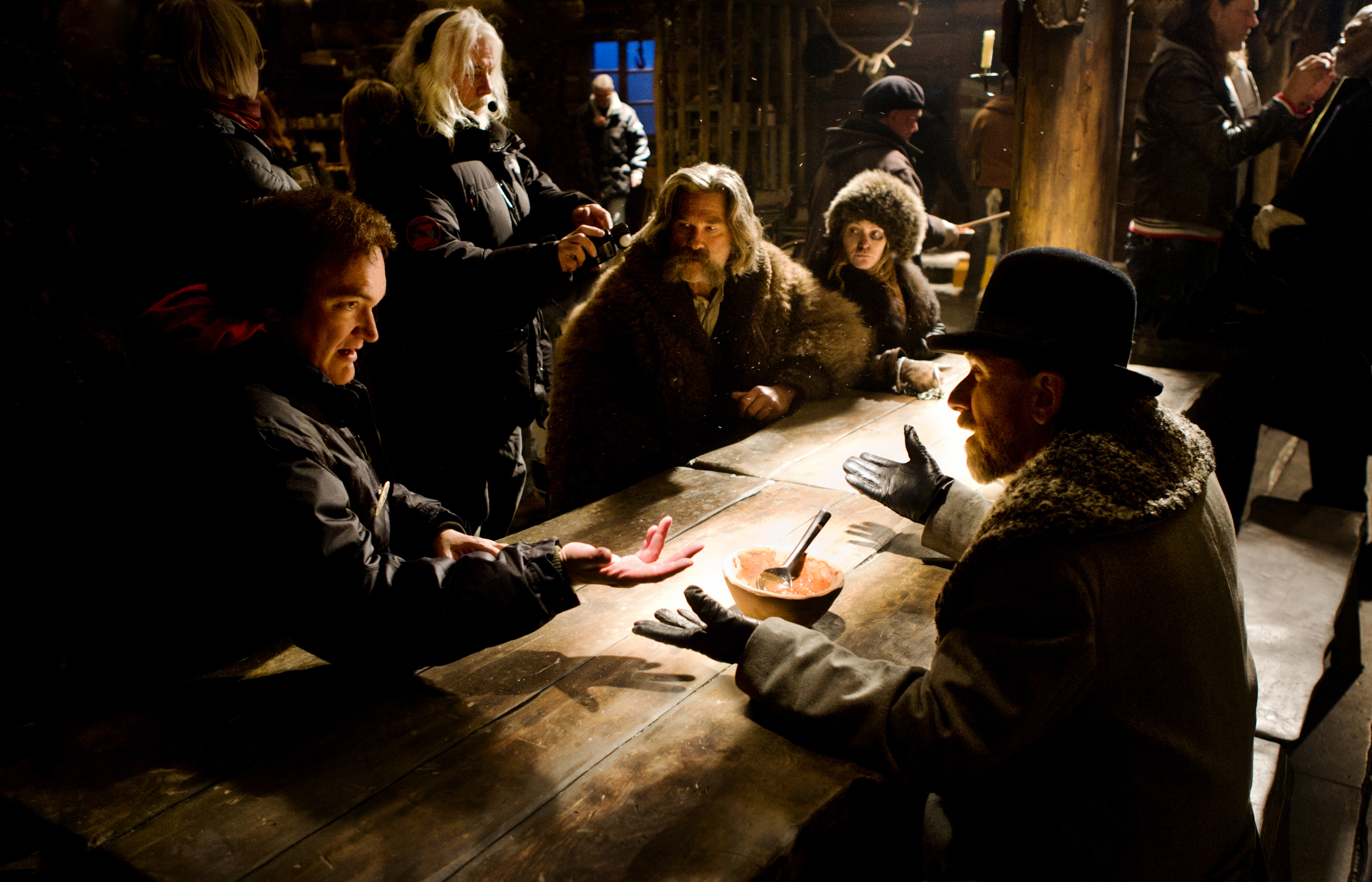 (L-R) QUENTIN TARANTINO directs KURT RUSSELL, JENNIFER JASON LEIGH, and TIM ROTH on the set of THE HATEFUL EIGHT.  Photo: Andrew Cooper, SMPSP &copy; 2015 The Weinstein Company. All Rights Reserved.
