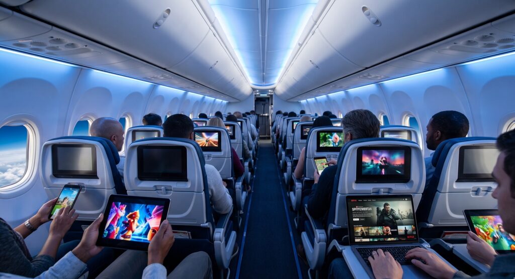 American Airlines lleva Starlink a 500 aviones desde 2027 Cabina de avión American Airlines con pantallas mostrando streaming activo gracias a Starlink WiFi alta velocidad