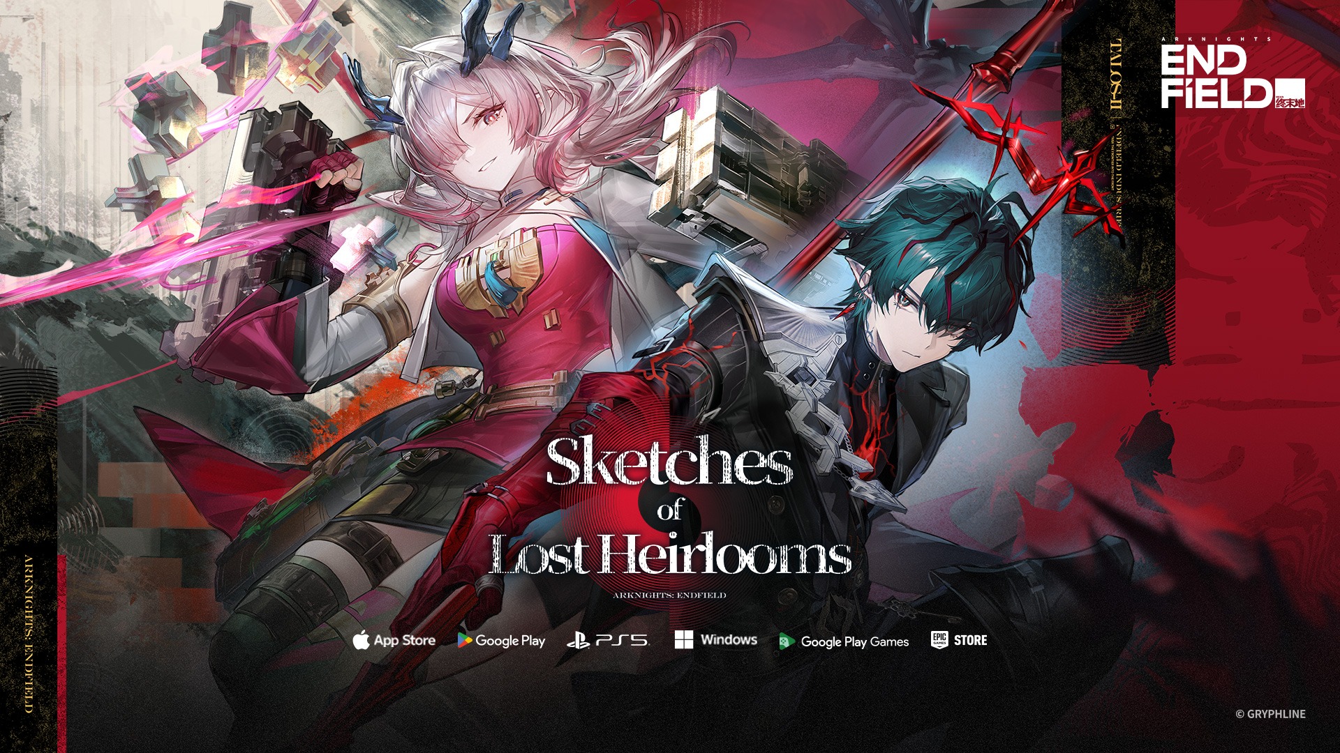 Arknights Endfield Sketches of Lost Heirlooms con Mi Fu y Camille explorando las ruinas de Sword Vault Dale
