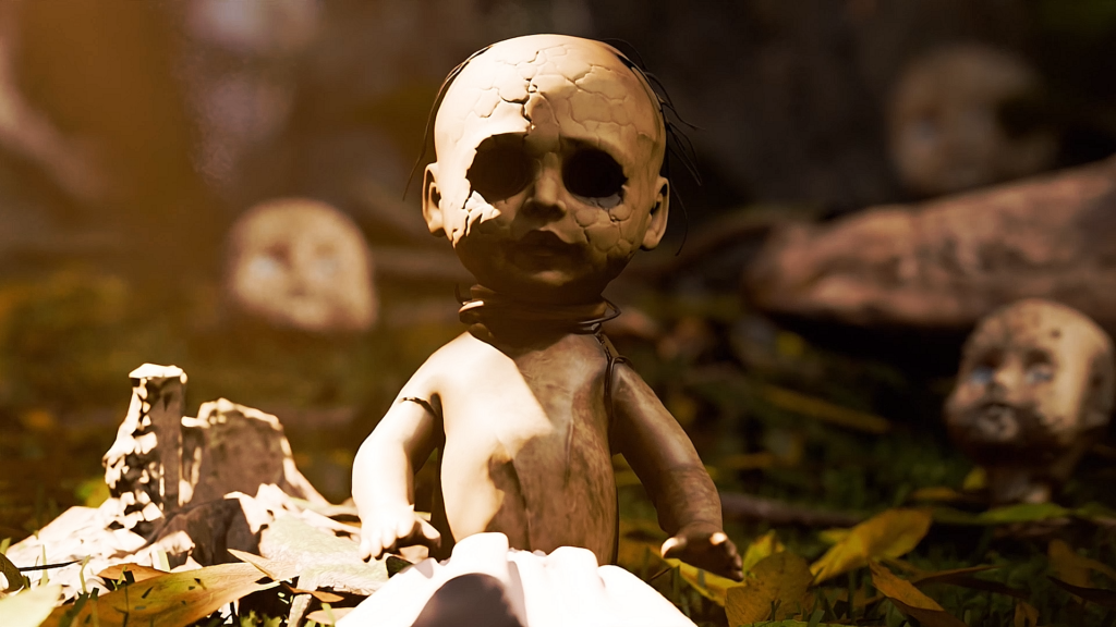 Captura del juego de terror Isla de las Muñecas México Where Dolls Hang, con muñecas colgando entre árboles de un pantano oscuro