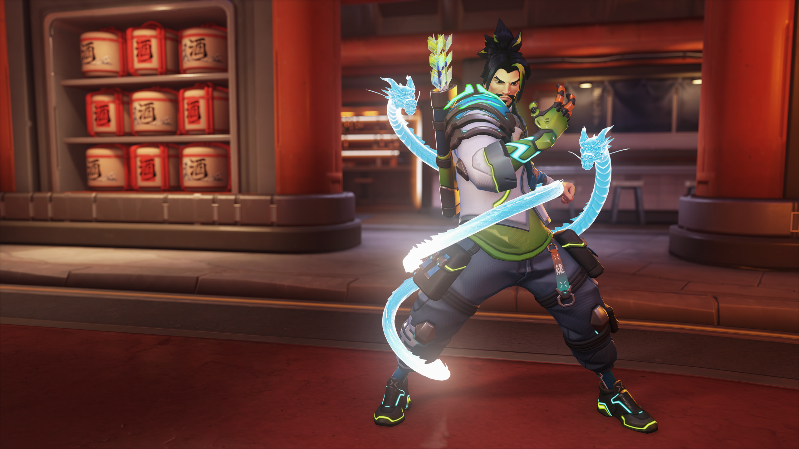 Hanzo con skin YOASOBI Estrella dracónica en Overwatch 2, colores fluorescentes y kanjis luminosos