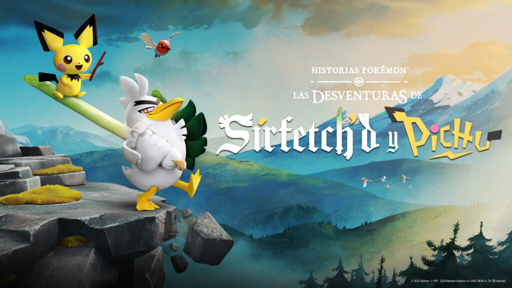 Sirfetch'd y Pichu en estilo stop-motion de arcilla al estilo Aardman en la región de Galar