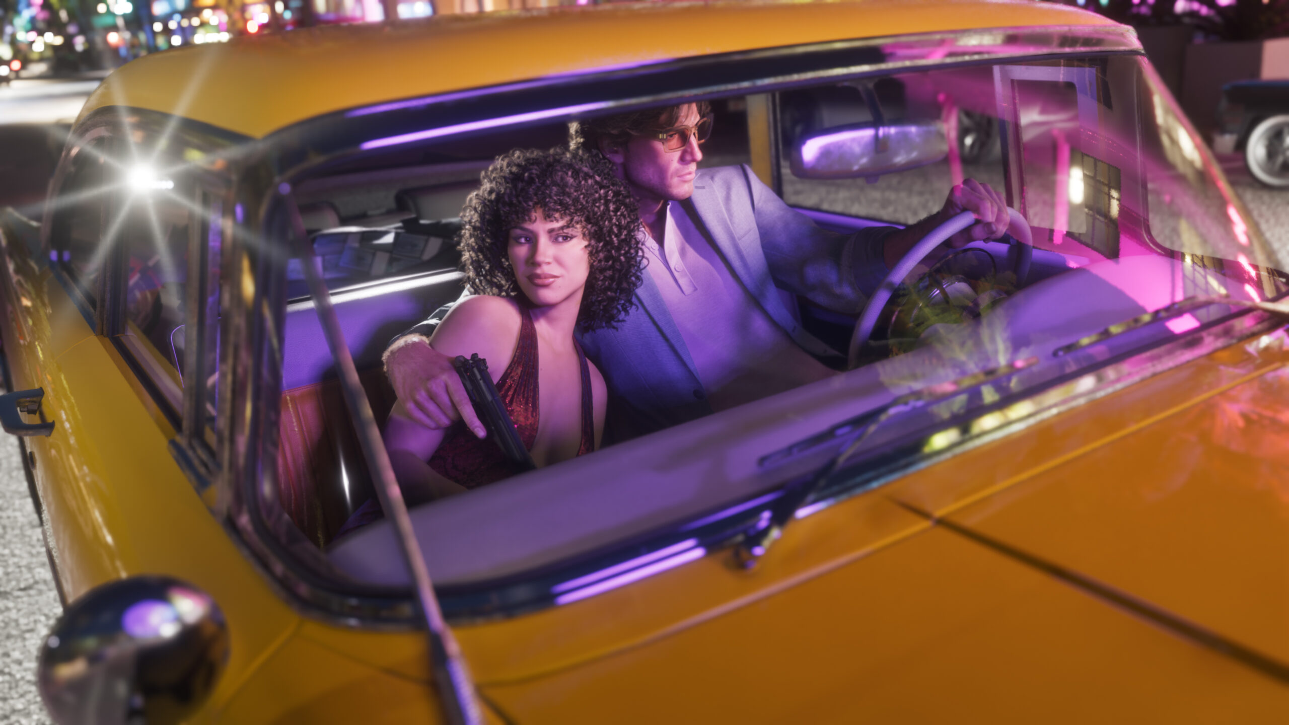 Portada oficial de Grand Theft Auto VI con Jason y Lucía en colores vibrantes tropicales de Vice City