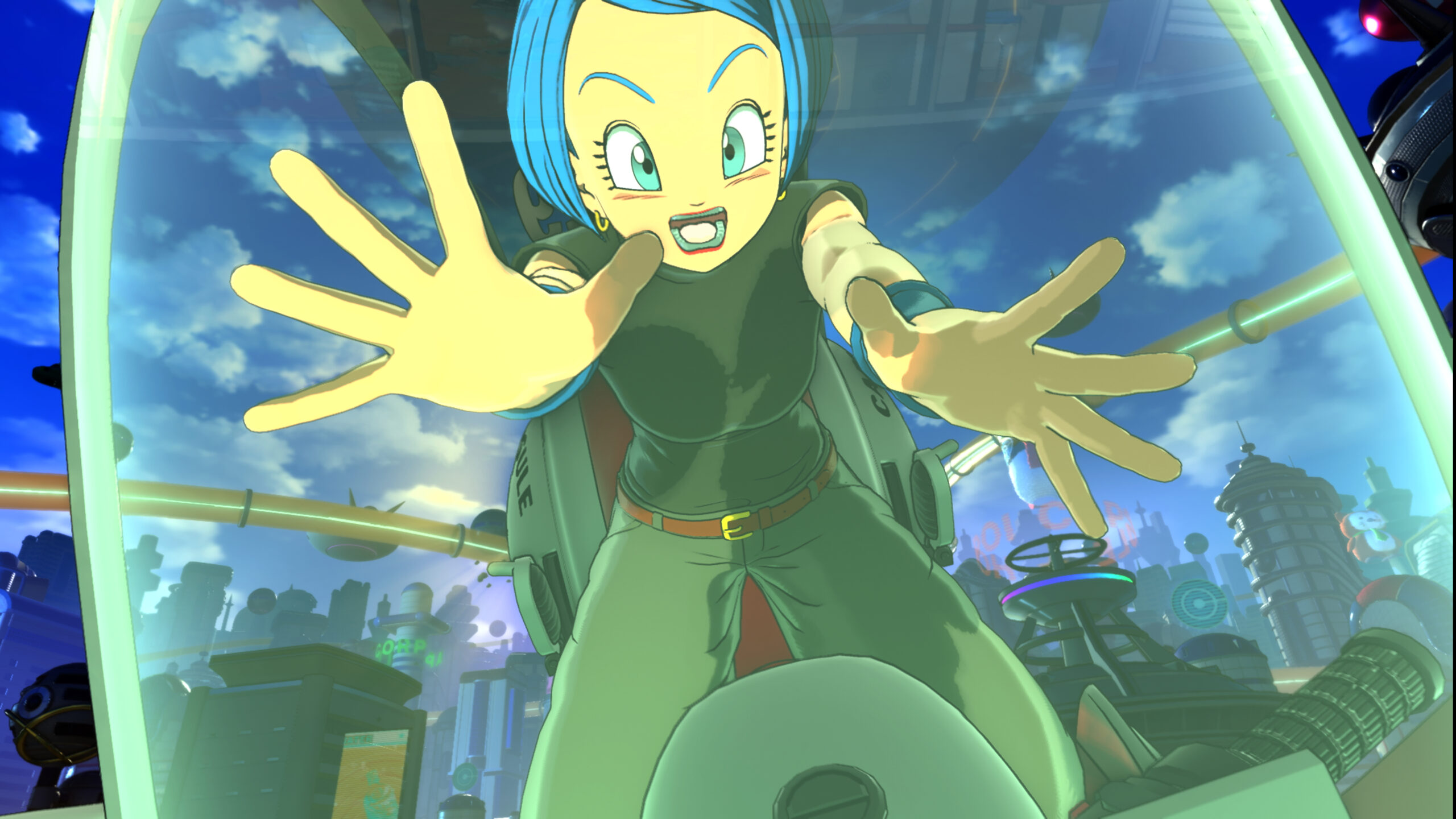 Personaje creado por el jugador en Dragon Ball Xenoverse 3 junto a Bulma y Gamma 1 en West City del AGE 1000