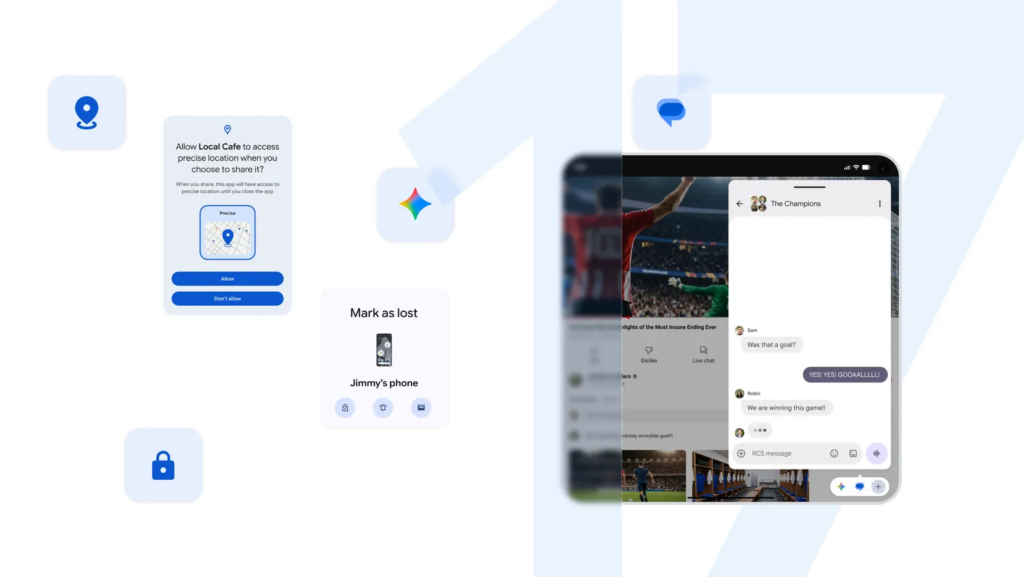 Pantalla de Android 17 mostrando la función Bubbles con ventanas flotantes y el nuevo menú de seguridad