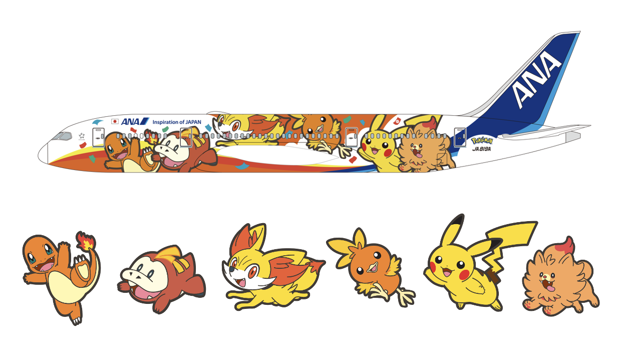 Avión Pokémon Jet Red de ANA decorado con Pikachu y Pokémon de tipo fuego para el 30 aniversario
