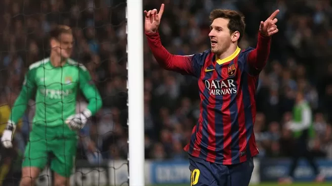 Lionel Messi del FC Barcelona celebra después de anotar el primer gol