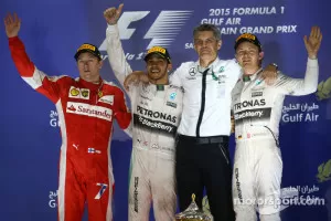 F1 Bahrain Gp 2015 Podium Second Place Kimi Raikkonen Ferrari And Winner Lewis Hamilton An1