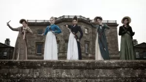 (l to r) Ellie Bamber (Lydia), Bella Heathcote (Jane), Lily James (Elizabeth), Millie Brady (Mary) and Suki Waterhouse (Kitty) in Screen Gems' PRIDE AND PREJUDICE AND ZOMBIES.