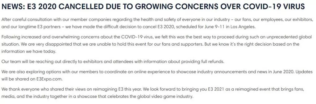 E3 2020 cancelado coronavirus